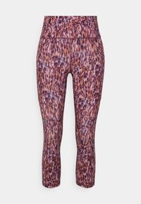 Högmidjade avklippta leggings med ett abstrakt prickmönster i lila, rosa och brunt, visade platt mot en vit bakgrund.