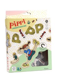Set da gioco in legno magnetico dedicato a Pippi Calzelunghe, con illustrazioni colorate, forme assortite, colori vivaci e uno sfondo a pois.