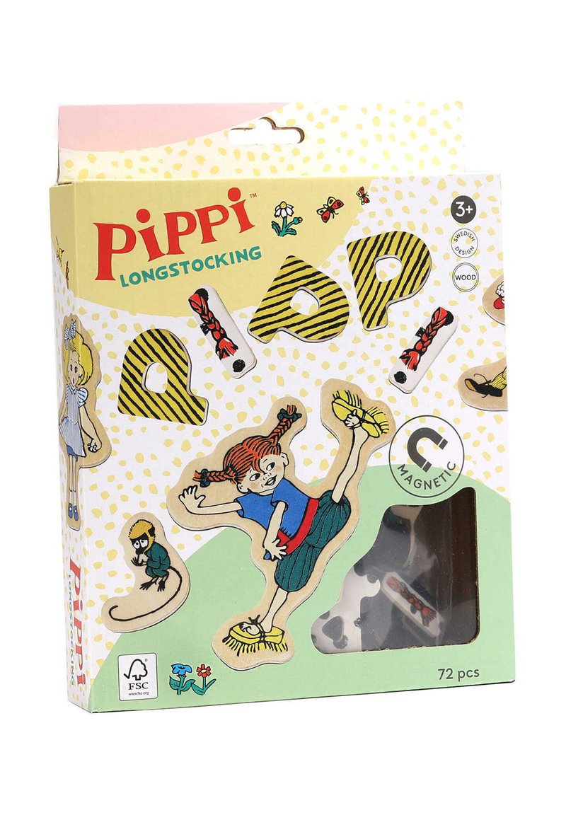 Set da gioco in legno magnetico dedicato a Pippi Calzelunghe, con illustrazioni colorate, forme assortite, colori vivaci e uno sfondo a pois.