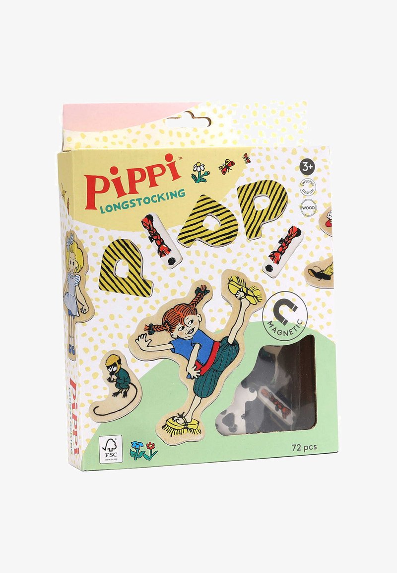 Set da gioco in legno magnetico dedicato a Pippi Calzelunghe, con illustrazioni colorate, forme assortite, colori vivaci e uno sfondo a pois.