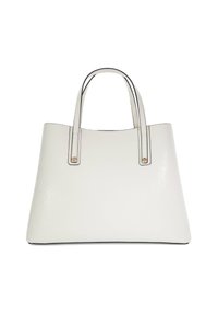 Sac fourre-tout en cuir blanc avec une finition texturée, de forme rectangulaire, avec des poignées fines et des accents noirs aux bords et aux accessoires.