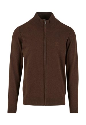 Moška rjava jopica s polnim zadrgo in rebrastimi manšetami ter ovratnikom, ki ima diskretno vezeno logo na levi strani prsnega predela.