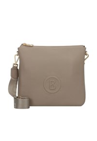 Borsa a tracolla in pelle taupe con zip dorata, logo circolare "B" in rilievo e tracolla in tessuto regolabile con hardware dorato.