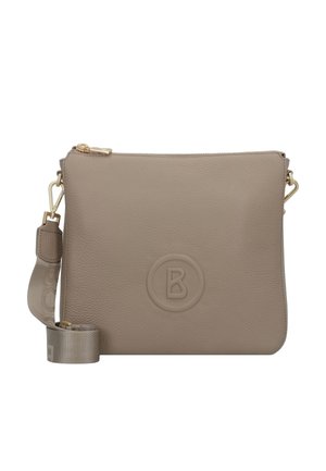 Borsa a tracolla in pelle taupe con zip dorata, logo circolare "B" in rilievo e tracolla in tessuto regolabile con hardware dorato.