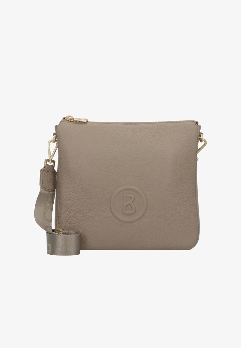 Taupe usnjena torbica za čez ramo z zlatim zadrgo, odtisnjenim krogom "B" logotipa in nastavljivim tekstilnim trakom z zlatimi elementi.