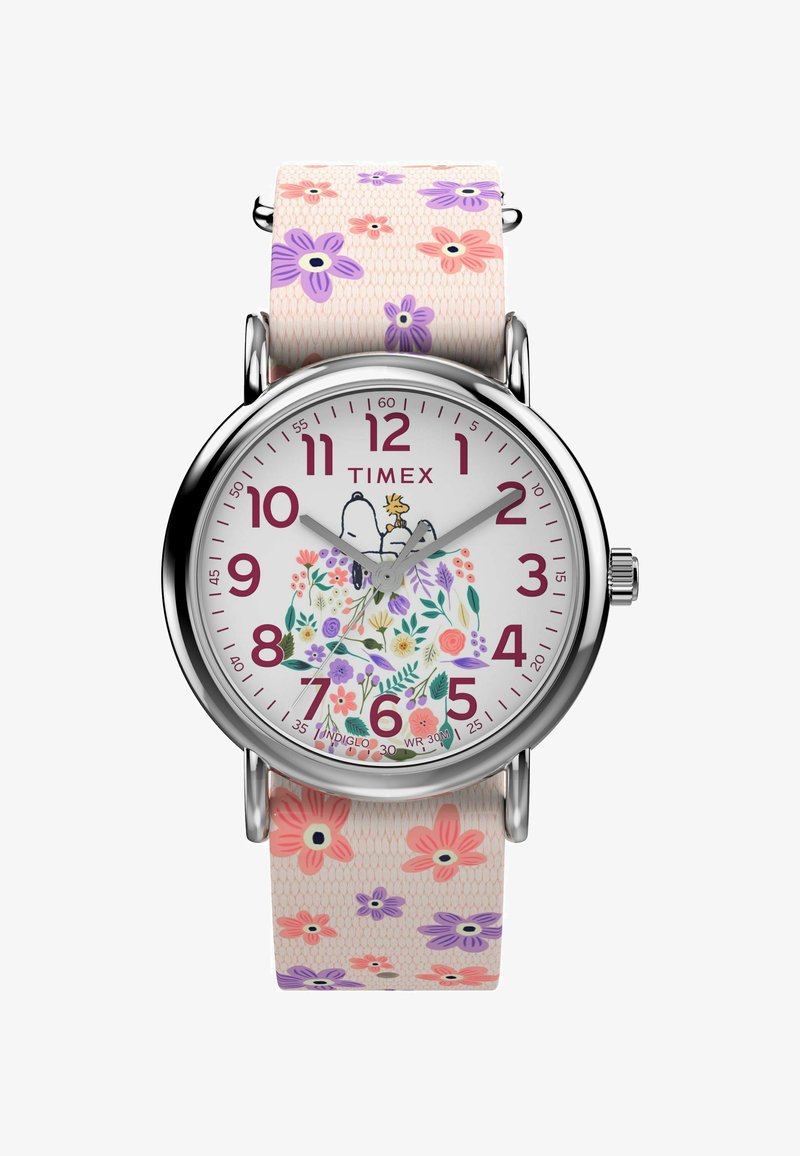 Timex ur med sølvfarvet urkasse og et silikonearmbånd med blomsterprint i pink, lilla og hvid. Urskiven har farverige blomster og en tegneseriefigur.
