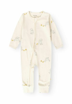 Body bébé couleur crème avec manches longues, fermeture éclair devant, et un imprimé de petits agneaux et poussins jaunes.