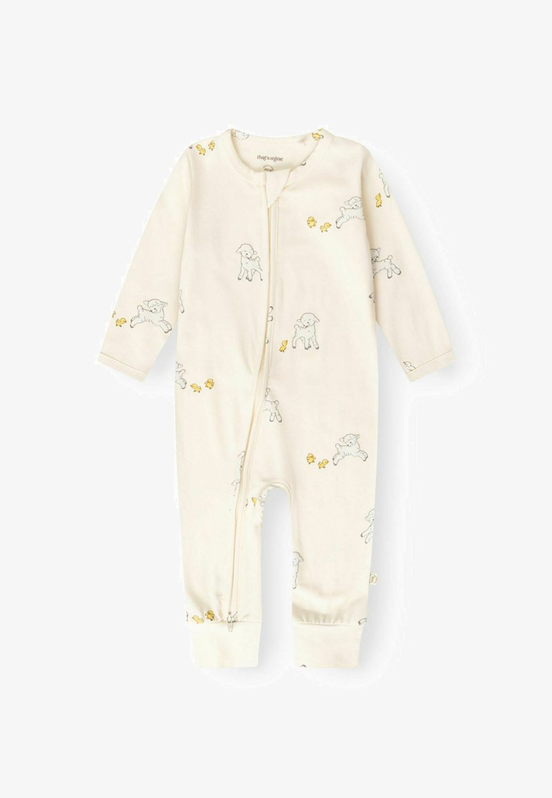 Body bébé couleur crème avec manches longues, fermeture éclair devant, et un imprimé de petits agneaux et poussins jaunes.