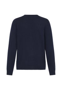 Pull bleu marine à manches longues avec un col rond, texture lisse, et poignets et ourlet côtelés. Aucune motif visible ou détail matériel.
