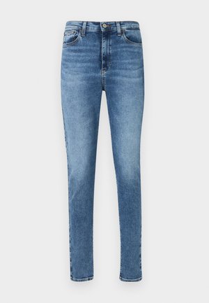 Jeans slim en denim de couleur bleue, avec une taille mi-haute, cinq poches, et une fermeture classique par bouton et zip. Texture lisse et décoloration minimale.