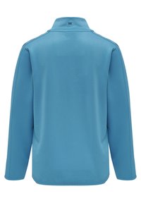 Lichtblauw langemouwtop met een staande kraag, gladde textuur en contrasterende stiksels. De achterkant heeft een klein logo bij de nek.