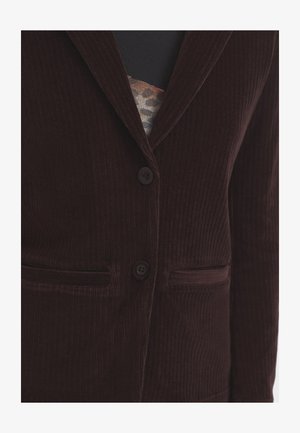 Brown corduroy blazer with a notched collar, two front pockets, and two buttons. The fabric has a vertical ribbed texture.