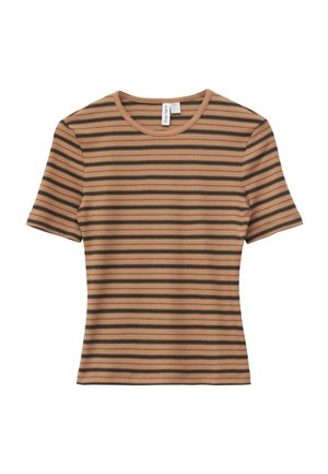 Kurzärmeliges, figurbetontes, geripptes T-Shirt mit horizontalen schwarzen und beigen Streifen und rundem Ausschnitt.