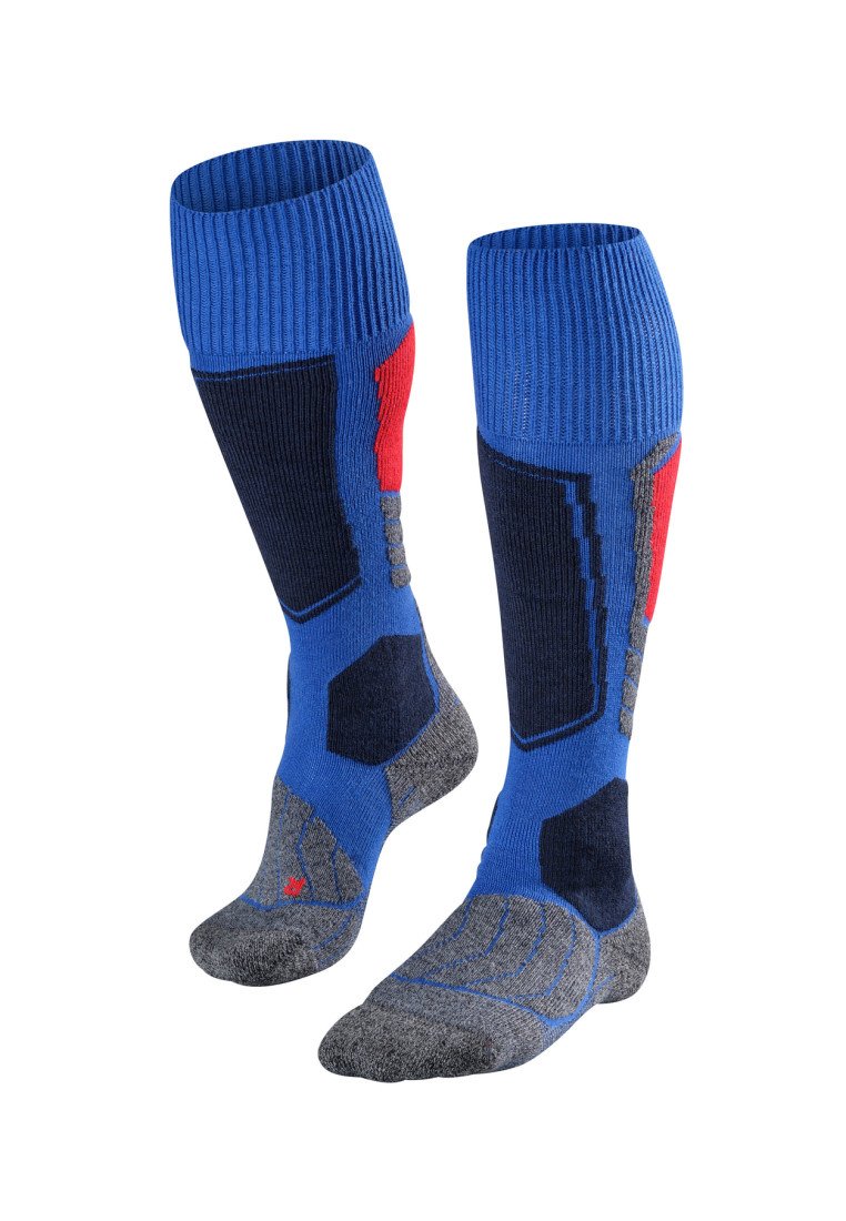 Calcetines hasta la rodilla en azul y gris con parte superior acanalada y texturas contrastantes. Presentan acentos rojos y áreas reforzadas para mayor durabilidad.