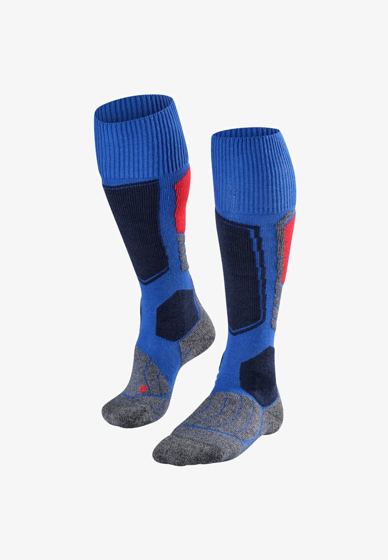 Calcetines hasta la rodilla en azul y gris con parte superior acanalada y texturas contrastantes. Presentan acentos rojos y áreas reforzadas para mayor durabilidad.