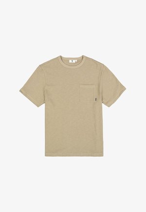 Beige cotton t-shirt with short sleeves, round neckline, and a left chest pocket. The fabric has a subtle texture.
