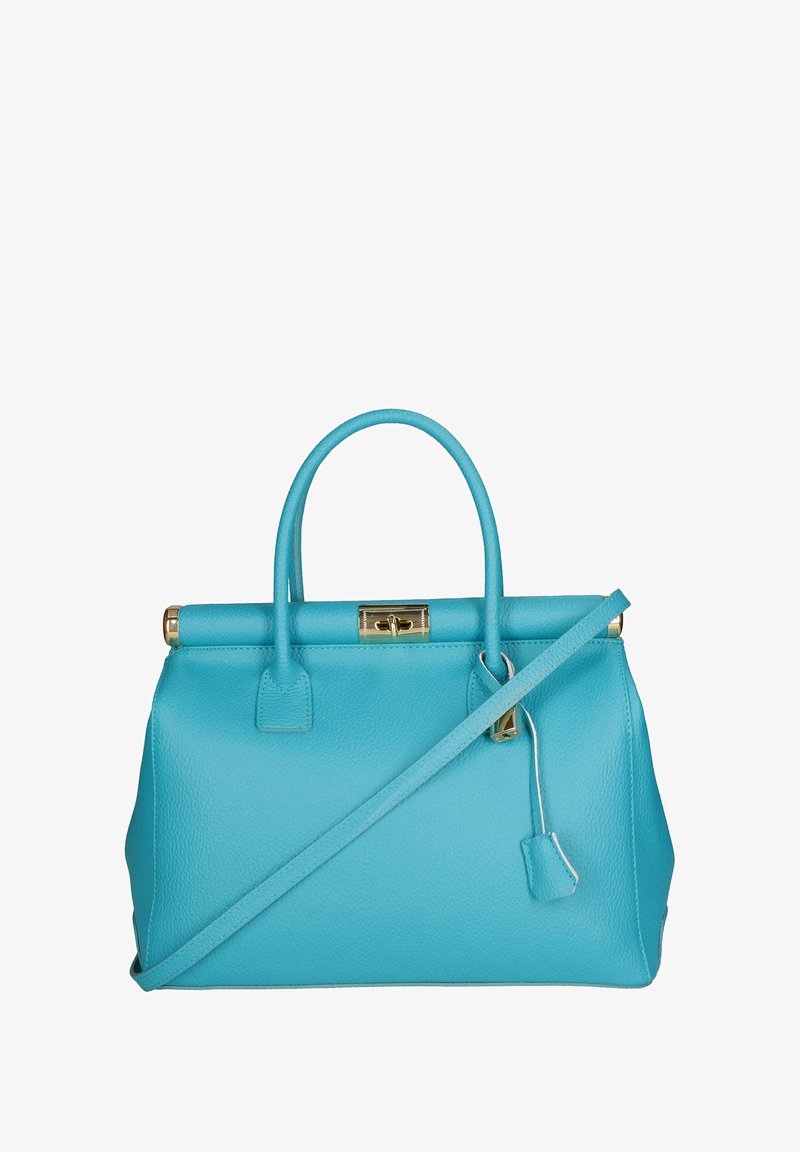 Turquoise leren handtas met twee handvatten, een afneembare schouderband en gouden hardware-accenten. Gecontroleerde vorm met een gladde textuur.