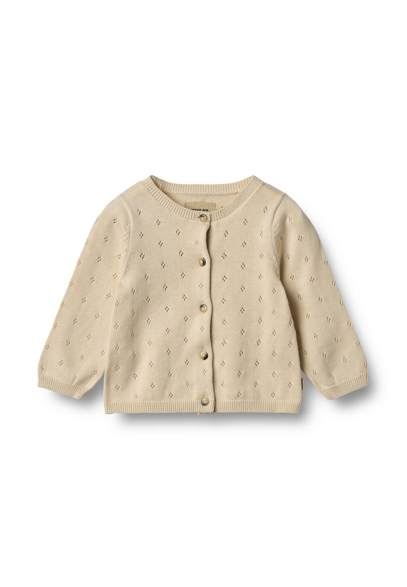 Beige gestrickte Strickjacke mit rundem Hals, langen Ärmeln und Knopfschluss. Mit kleinen Rautenmusterungen im gesamten Stoff.