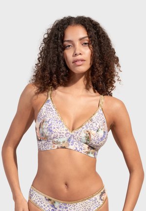 Triangle bra in light purple leopard print with floral accents. Features gold straps and trim. Smooth fabric texture, no underwire.