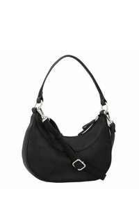 Borsa hobo in pelle nera con forma curva, tracolla regolabile, hardware in argento e texture liscia. Chiusura con zip superiore.