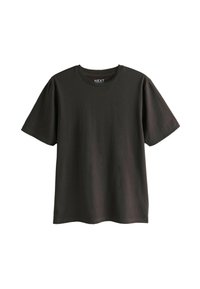 Czarnoszary T-shirt z krótkim rękawem wykonany z bawełny. Posiada okrągły dekolt i luźny krój, charakteryzuje się gładką teksturą i brakiem widocznych wzorów.