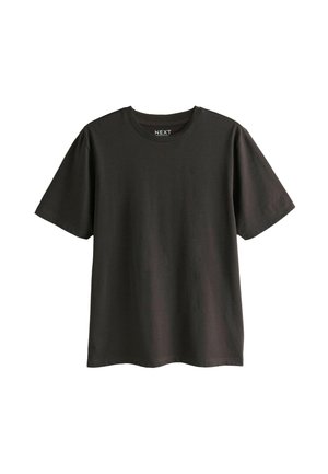 T-shirt à manches courtes gris foncé en coton. Doté d'un col rond et d'une coupe décontractée, avec une texture lisse et sans motifs visibles.