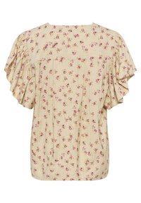 Bluse mit floralen Muster in hellem Beige, mit flatternden Ärmeln, boxy Schnitt und subtiler gerippter Struktur. Akzente in Rosa und Gelb.