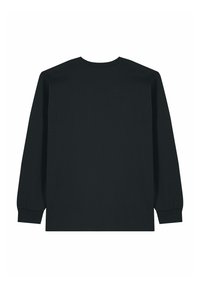 T-shirt noir à manches longues avec un col rond, en coton doux. Il présente des poignets côtelés et une coupe décontractée, design minimaliste sans graphique.