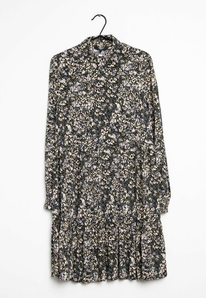 Langärmliges Blumenkleid mit dunklem Hintergrund und weißen sowie blauen Mustern, plissiertem Rock und knöpfbarem Kragen. Aus leichtem Stoff gefertigt.