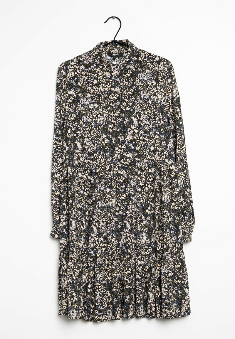 Langärmliges Blumenkleid mit dunklem Hintergrund und weißen sowie blauen Mustern, plissiertem Rock und knöpfbarem Kragen. Aus leichtem Stoff gefertigt.