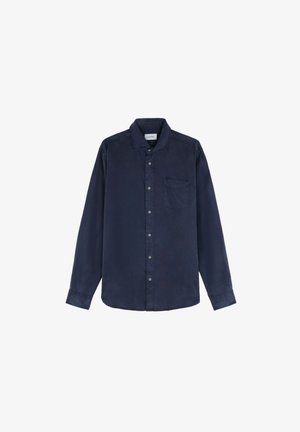 Navy blue long-sleeve shirt made of a smooth fabric, featuring a button-down front, a single chest pocket, and buttoned cuffs.