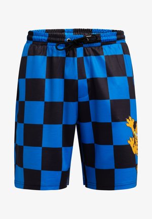 Blau- und schwarz karierte Badehose mit elastischem Bund, Kordelzug und einer Cartoon-Grafik auf dem rechten Bein.