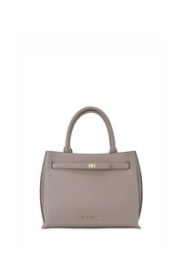 Sac à main en cuir gris avec deux poignées courtes, un design structuré et des accents en métal doré. Présente un logo subtil sur le devant et une texture lisse.