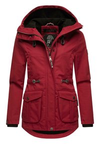 Red waterproof jacket with a hood, featuring a zip front, two large patch pockets, drawstring waist, and soft black lining.