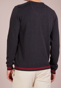 Grauer Strickpullover mit langen Ärmeln, ausgestattet mit einem Rundhalsausschnitt und roten Streifenakzenten am Saum und den Bündchen. Glatte Textur, lässiges Design.