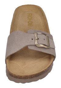 Gray suede sandal with a wide strap and a gold metal buckle. Cork sole and soft footbed visible, offering a flat, open-toe design.