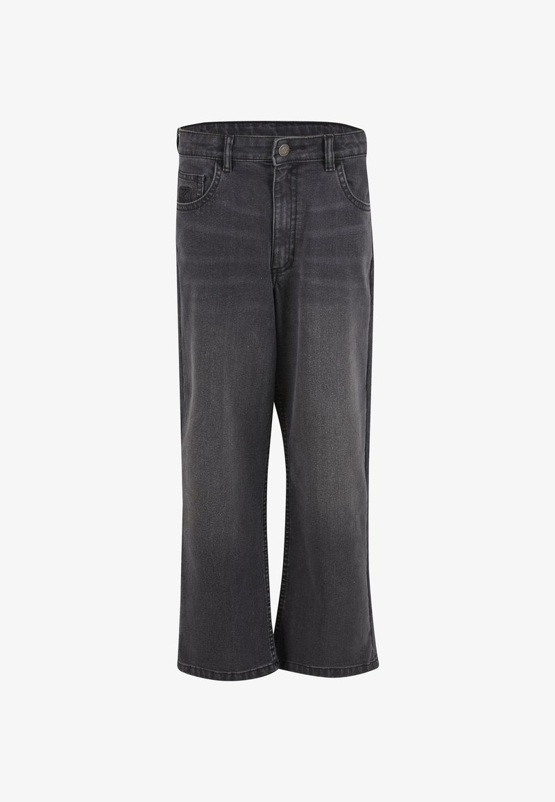 Pantalon court en denim noir à coupe droite, avec fermeture à boutons sur le devant, poches, et un lavage délavé pour la texture.
