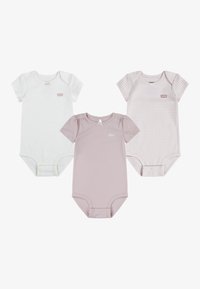 Tri bebi bodi: jedan bijeli, jedan u jednobojnoj svijetlo ljubičastoj boji i jedan ljubičasti prugasti. Svaki ima meku teksturu i kratke rukave s malim detaljima.