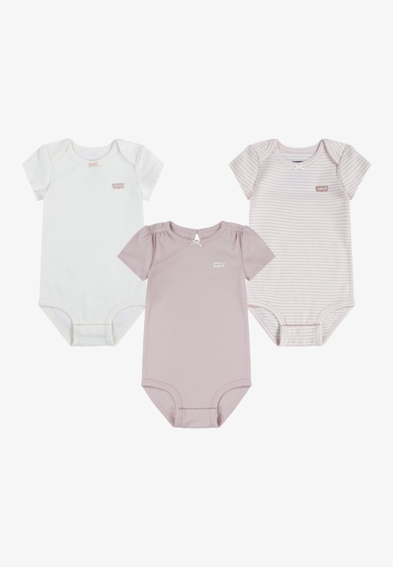 Tri bebi bodi: jedan bijeli, jedan u jednobojnoj svijetlo ljubičastoj boji i jedan ljubičasti prugasti. Svaki ima meku teksturu i kratke rukave s malim detaljima.