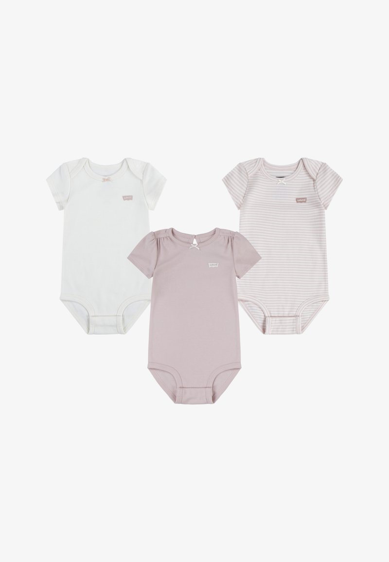 Tri bebi bodi: jedan bijeli, jedan u jednobojnoj svijetlo ljubičastoj boji i jedan ljubičasti prugasti. Svaki ima meku teksturu i kratke rukave s malim detaljima.