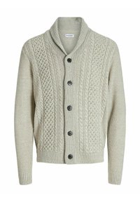 Cardigan en tricot gris clair avec un col châle, des boutons sur le devant et des motifs texturés. Des poignets et un ourlet côtelés complètent le design.