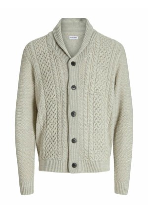 Cardigan en tricot gris clair avec un col châle, des boutons sur le devant et des motifs texturés. Des poignets et un ourlet côtelés complètent le design.