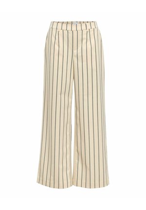 Bredbuksbukser i krem med mørkeblå vertikale striper, med elastisk midje og glatt, lett stoff.