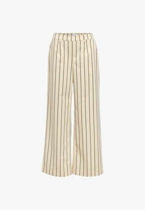 Bredbuksbukser i krem med mørkeblå vertikale striper, med elastisk midje og glatt, lett stoff.