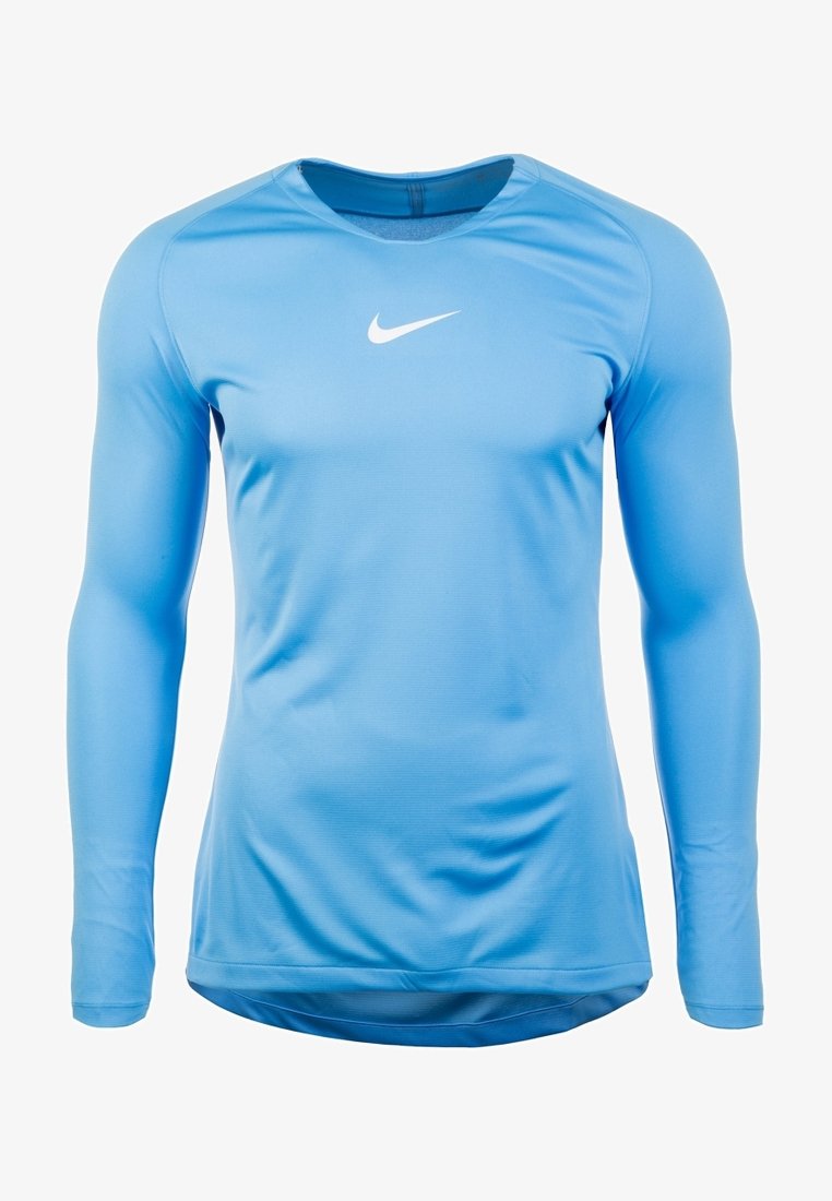 Hellblaues, langärmliges Sportshirt aus glattem, elastischem Stoff. Verfügt über ein weißes Nike-Logo auf der Brust und einen abgerundeten Saum.