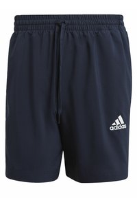 Pantalones cortos azul marino con cintura elástica y cordón, y un logo blanco de Adidas en la parte inferior izquierda. Textura de tela suave.