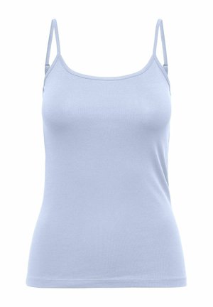 Light blue, sleeveless women's camisole top with thin adjustable shoulder straps and a fitted cut.