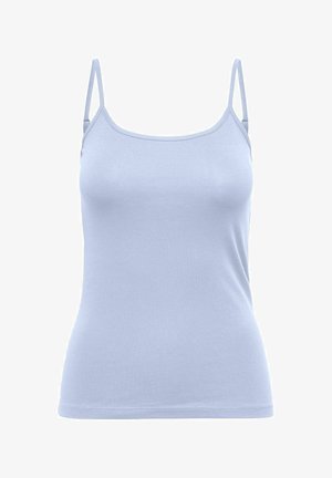 Light blue, sleeveless women's camisole top with thin adjustable shoulder straps and a fitted cut.