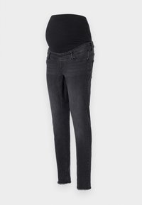 Black maternity jeans with a stretchy waistband, slim fit design, and frayed hem. Made from denim with a smooth texture.
