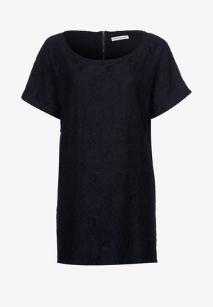 Abito nero a maniche corte con motivo in pizzo floreale, scollatura rotonda e una chiusura con zip discreta sul retro. Tessuto dalla texture liscia.